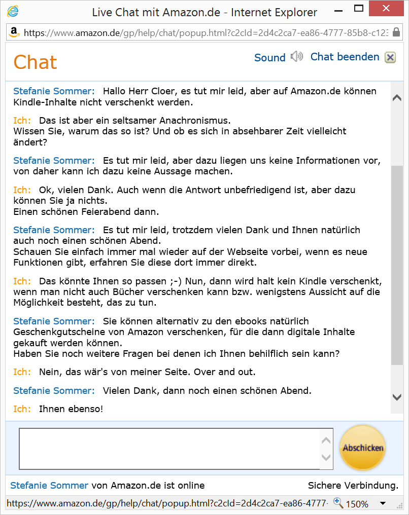 Chat mit Stefanie Sommer (?) von Amazon.de